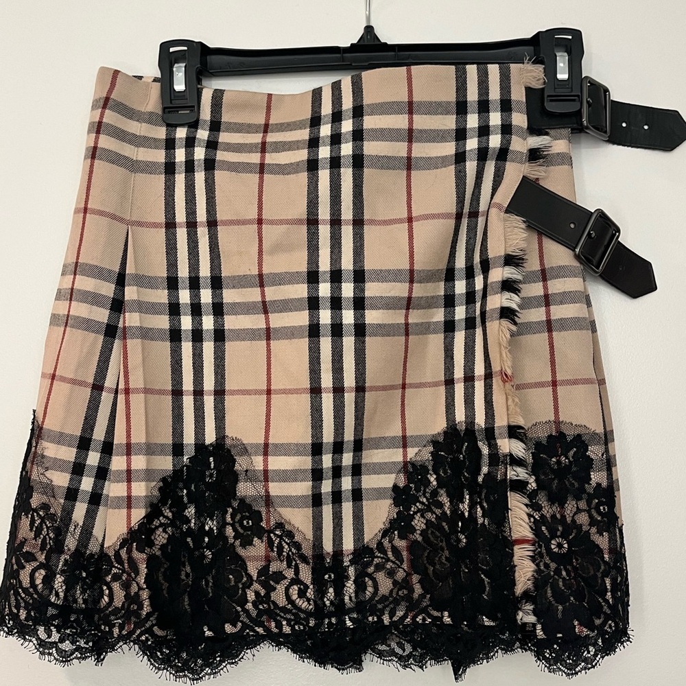 Burberry Wool Mini Check Skirt with Black Lace